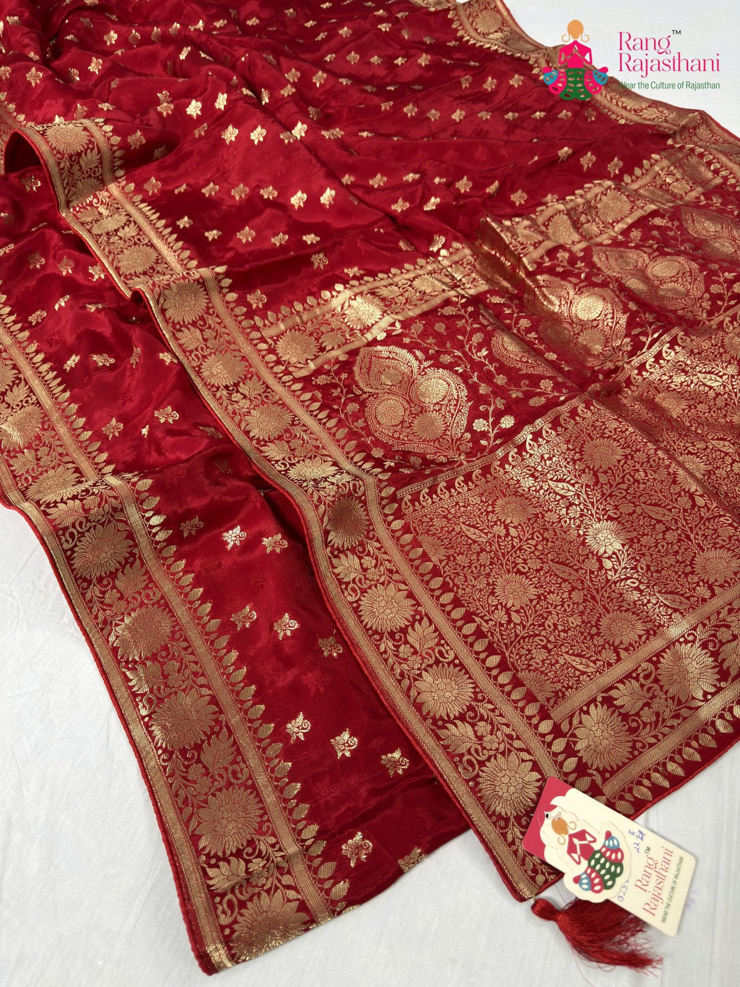 complete look of red pure ho silk banarasi zari weave saree