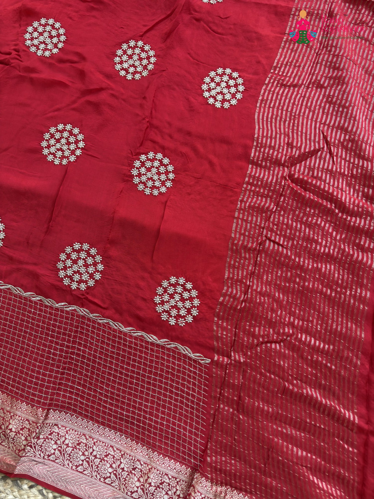 design pattern of red pure ho silk zari embroidery saree