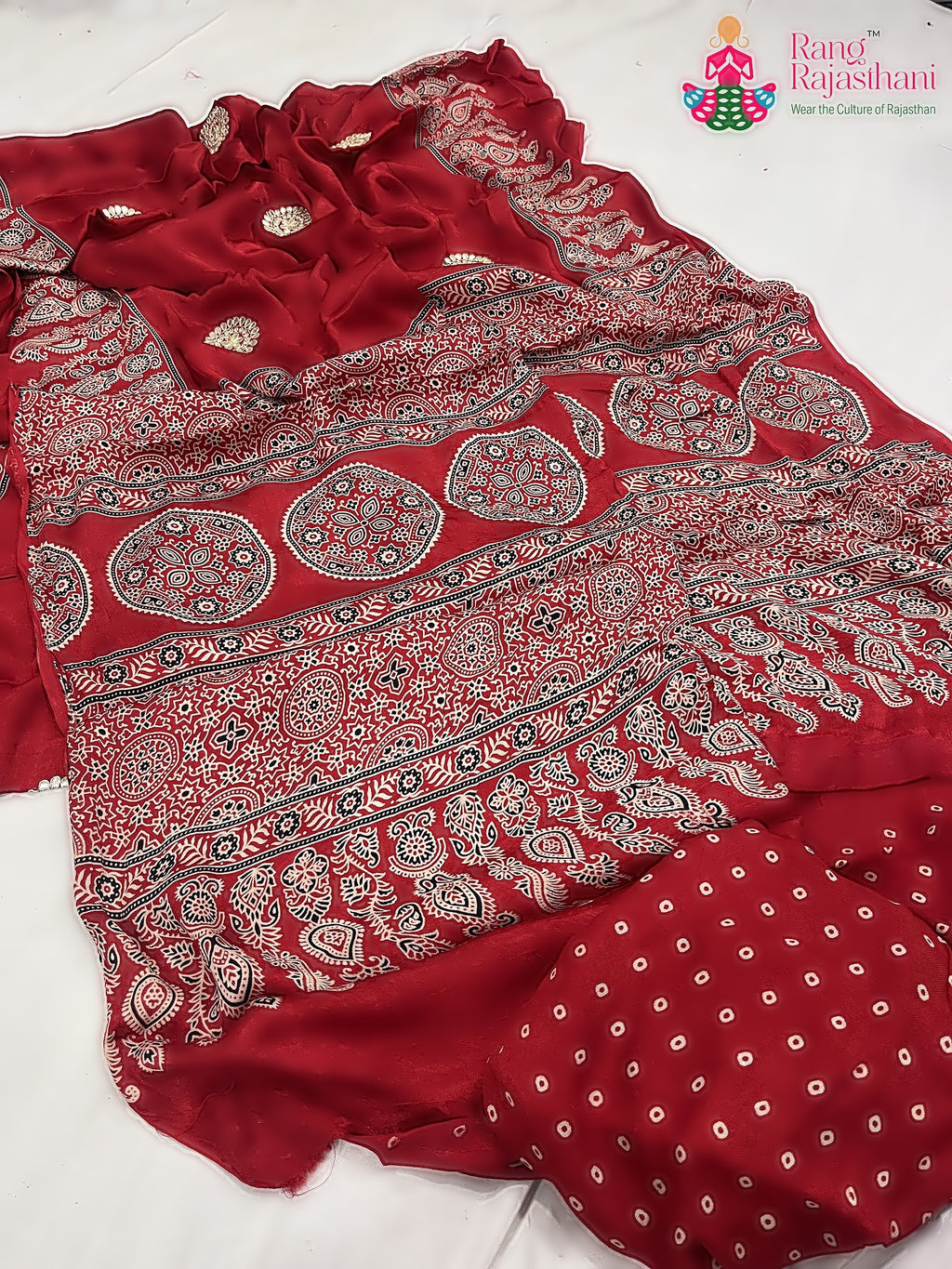 complete look of red pure modal silk ajrakh print saree 
