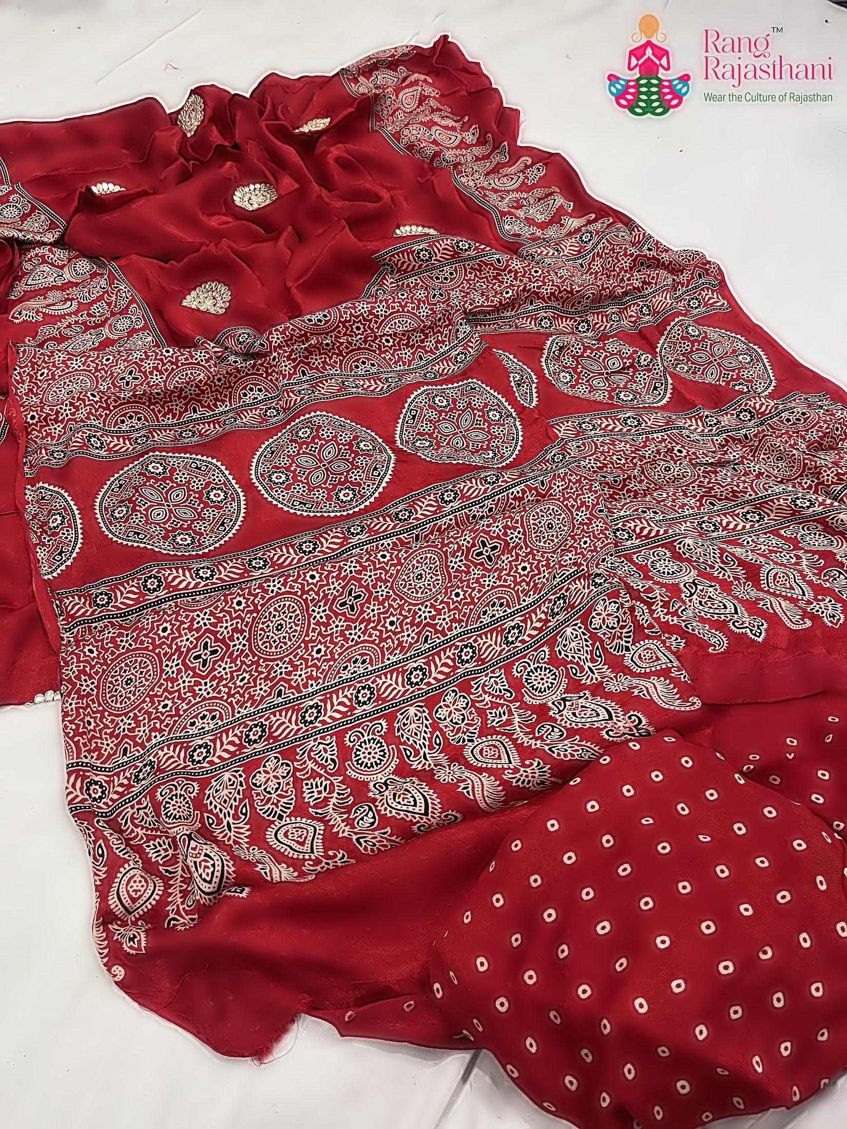 Red Pure Modal Silk Ajarakh Print Saree : Warm Flow