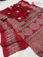 close up detailing of red pure modal silk ajrakh print saree 