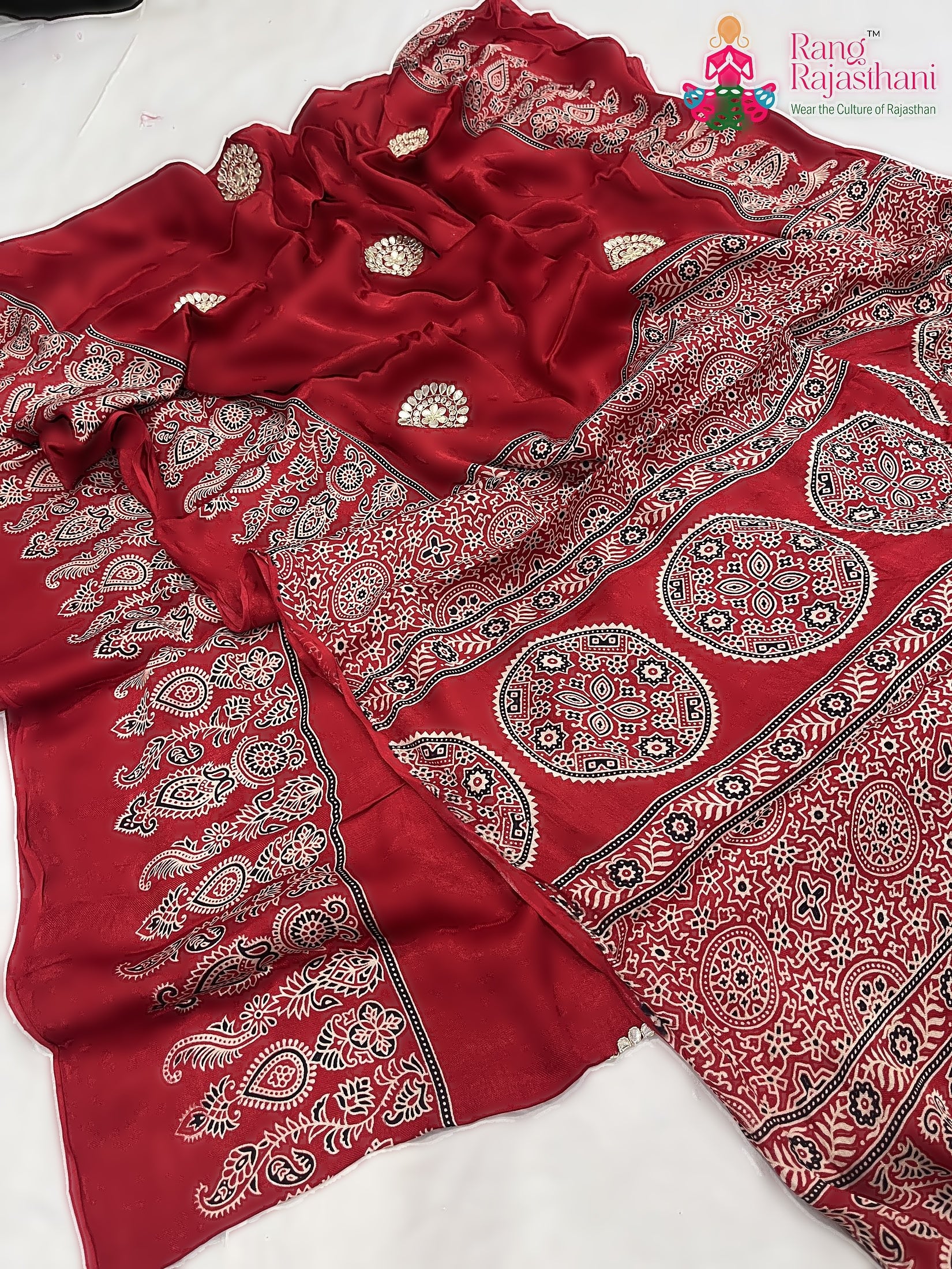 Red Pure Modal Silk Ajarakh Print Saree : Warm Flow