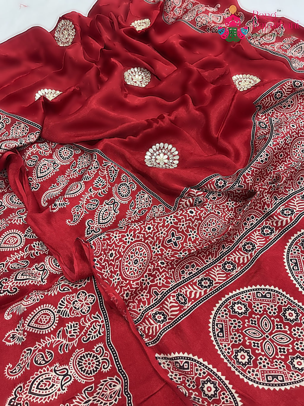 pallu detailing of red pure modal silk ajrakh print saree 