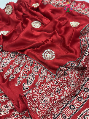 Red Modal Ajrakh Print Saree for Festive Celebration | Bridal Collection