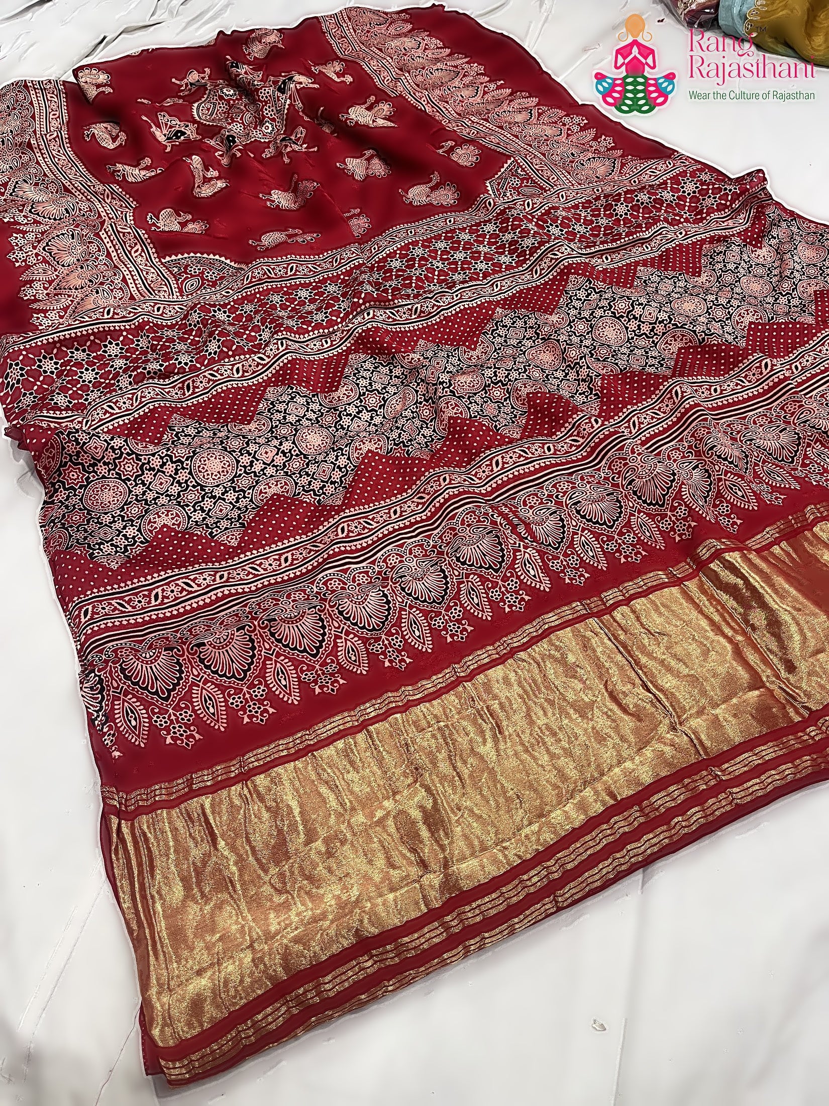 Red Pure Modal Silk Ajarakh Print Saree : Warm Balance