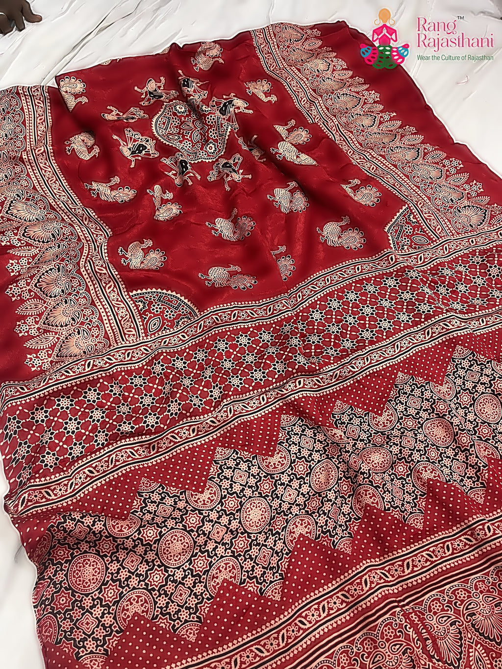 Red Pure Modal Silk Ajarakh Print Saree : Warm Balance
