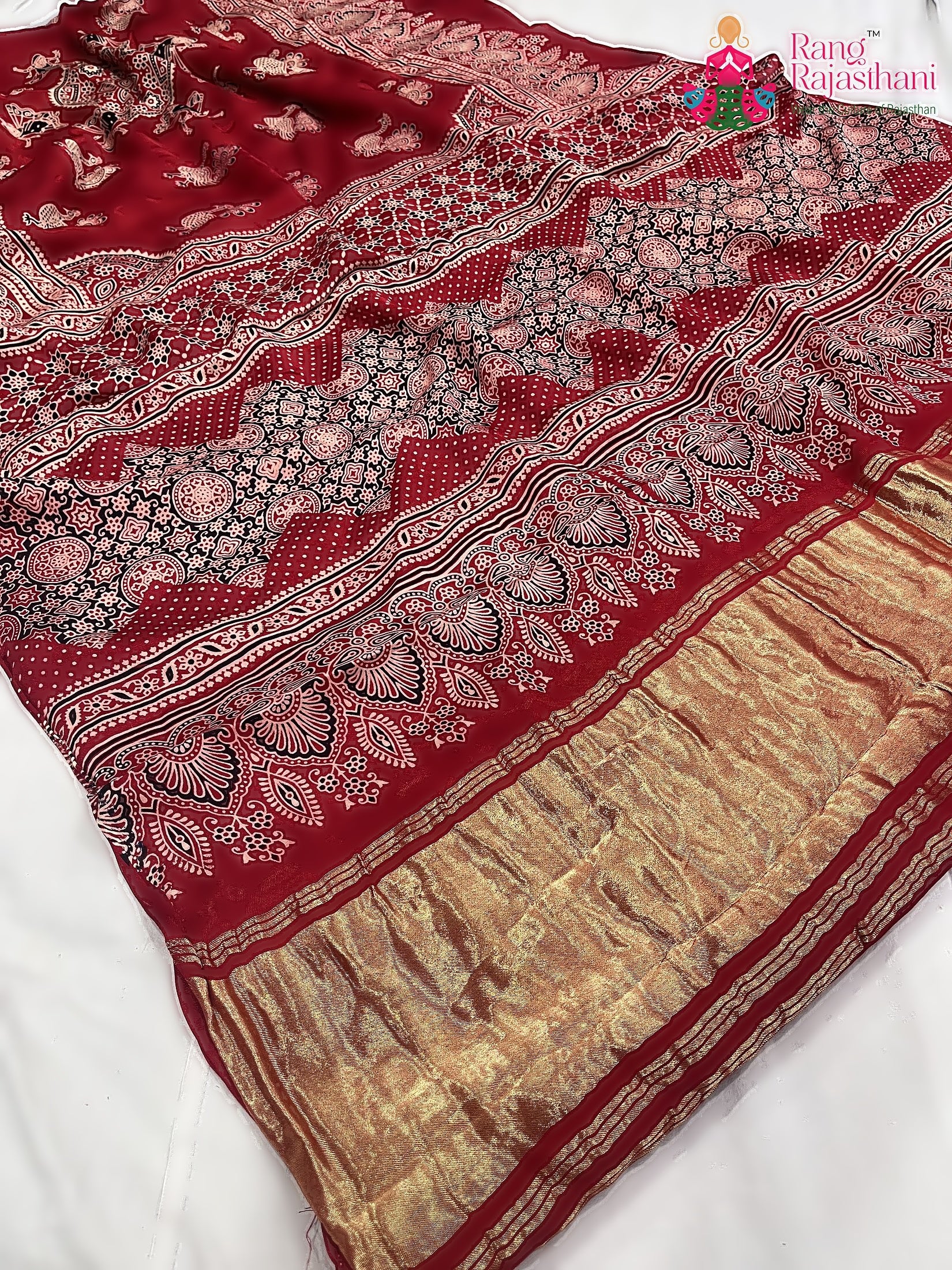 Red Pure Modal Silk Ajarakh Print Saree : Warm Balance