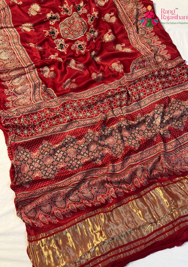 Red Modal Ajrakh Print Saree for Festive Celebration | Wedding Ready