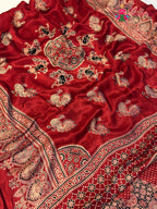 pallu detailing of red pure modal silk ajarakh print saree