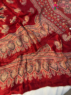 close up view of red pure modal silk ajarakh print saree