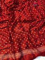 fabric texture of red pure modal silk ajarakh print saree