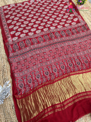 Red Pure Modal Silk Ajrakh Print Saree for Red Puja Sarees | Luxury Edit