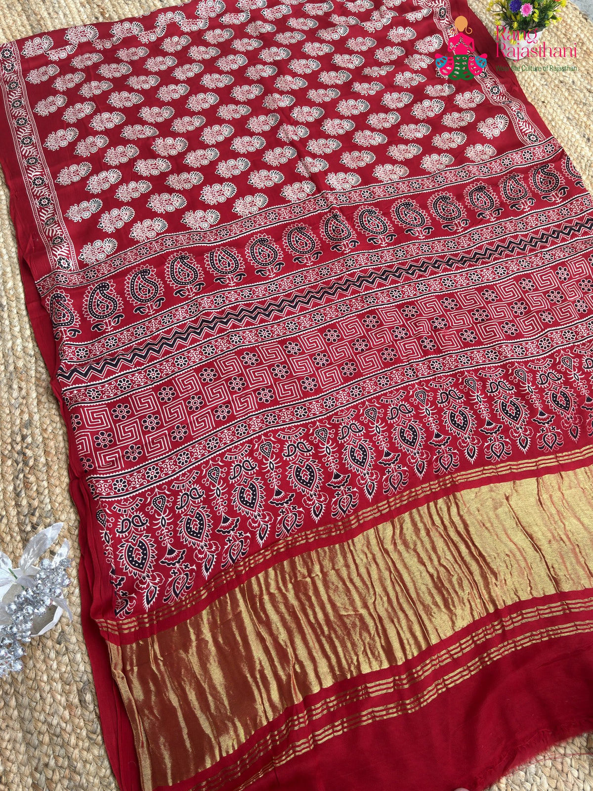 Red Pure Modal Silk Ajrakh Print Saree for Red Puja Sarees | Luxury Edit