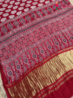 Red Pure Modal Silk Ajrakh Print Saree for Red Puja Sarees | Luxury Edit