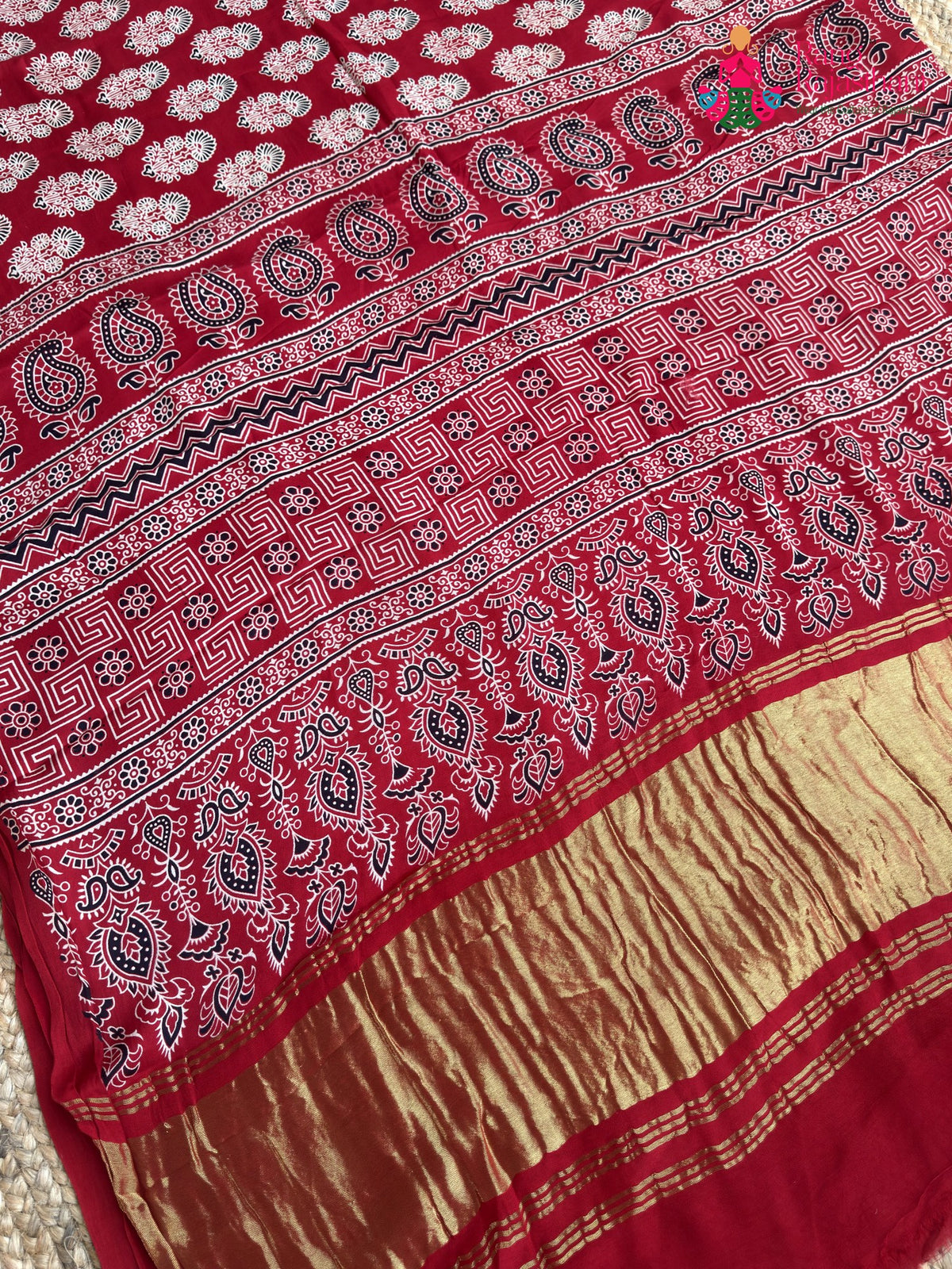 Red Pure Modal Silk Ajrakh Print Saree for Red Puja Sarees | Luxury Edit