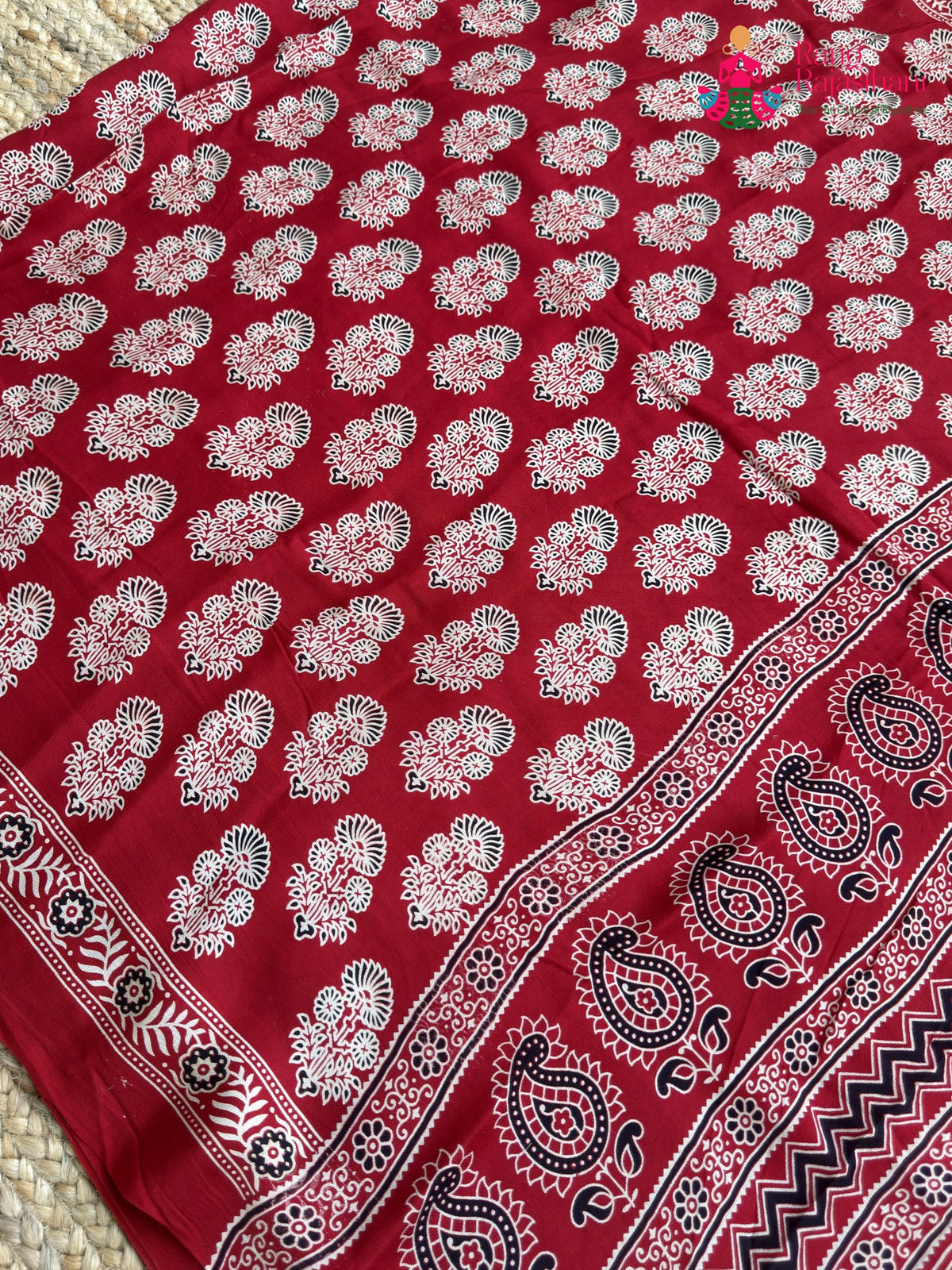 Red Pure Modal Silk Ajrakh Print Saree for Red Puja Sarees | Luxury Edit