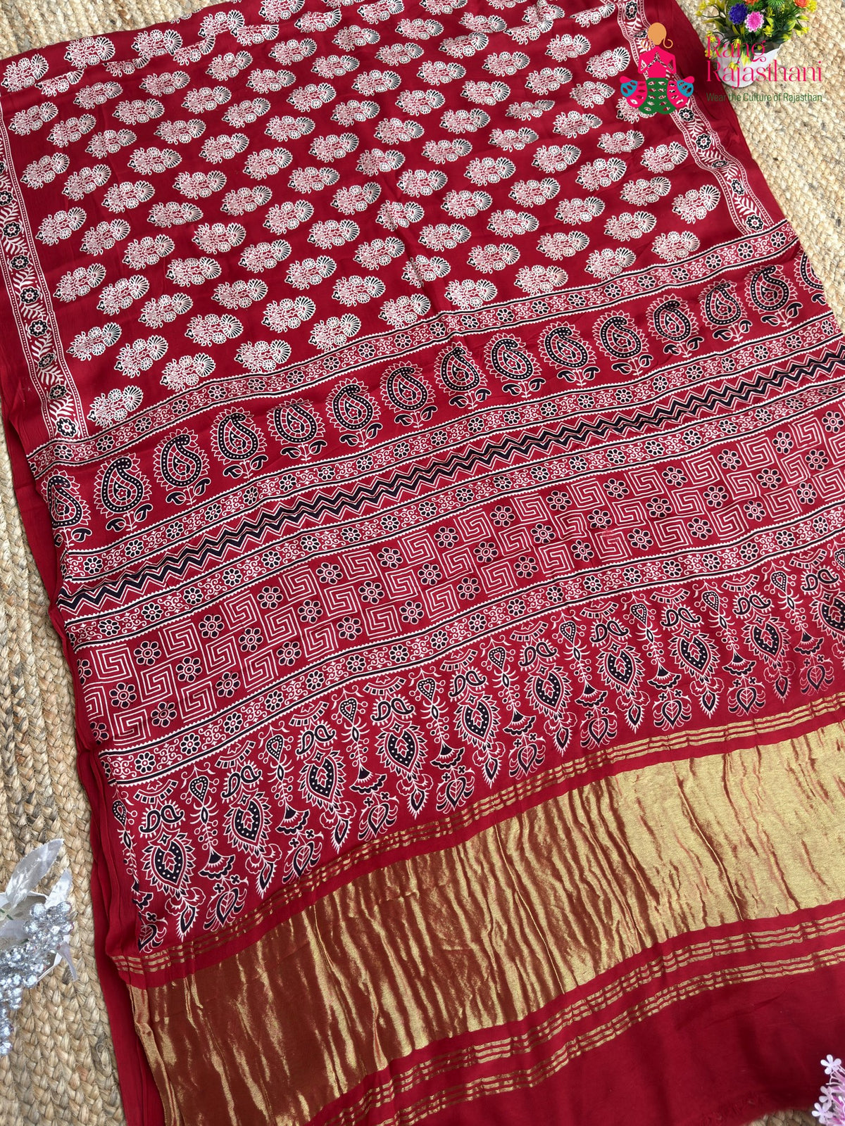 Red Pure Modal Silk Ajrakh Print Saree for Red Puja Sarees | Luxe Drape