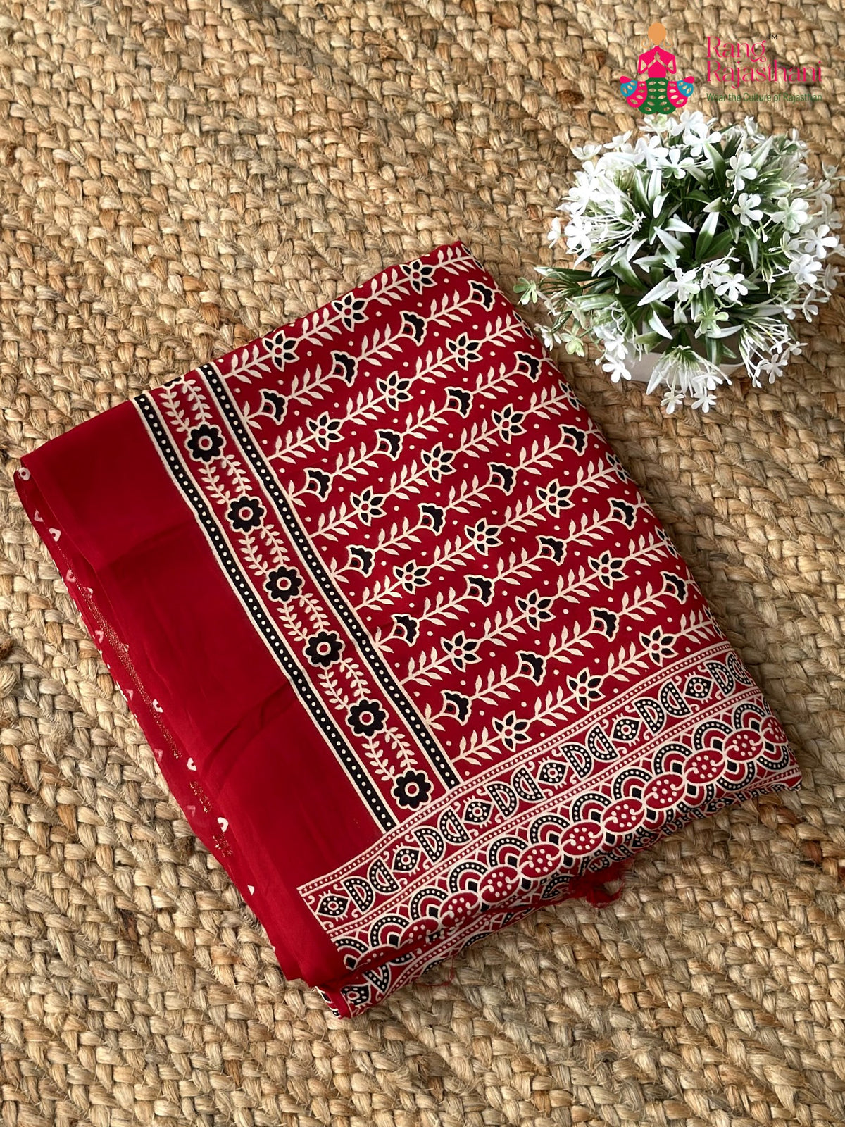 Red Pure Modal Silk Ajrakh Print Saree for Red Puja Sarees | Luxe Drape