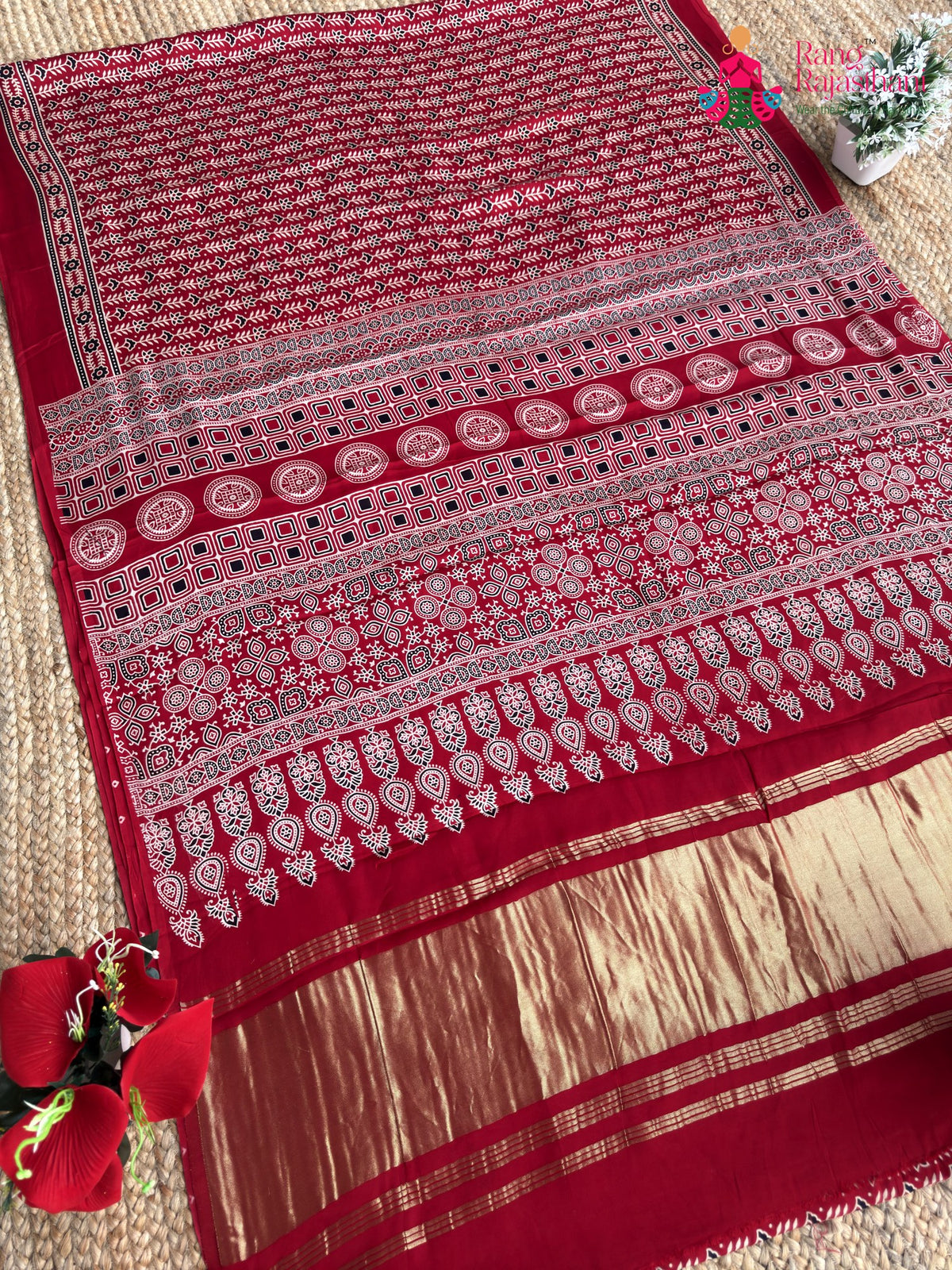 Red Pure Modal Silk Ajrakh Print Saree for Red Puja Sarees | Luxe Drape