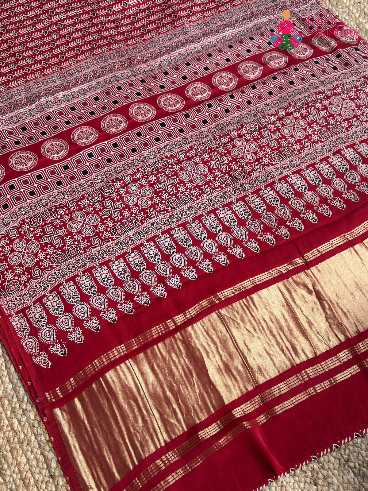 Red Pure Modal Silk Ajrakh Print Saree for Red Puja Sarees | Luxe Drape