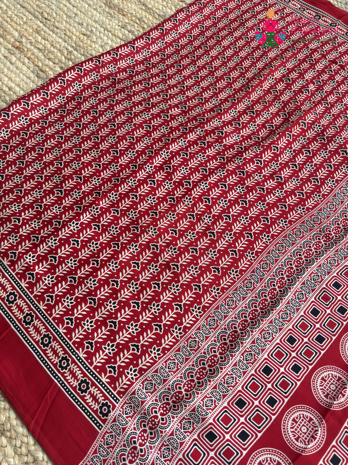 Red Pure Modal Silk Ajrakh Print Saree for Red Puja Sarees | Luxe Drape