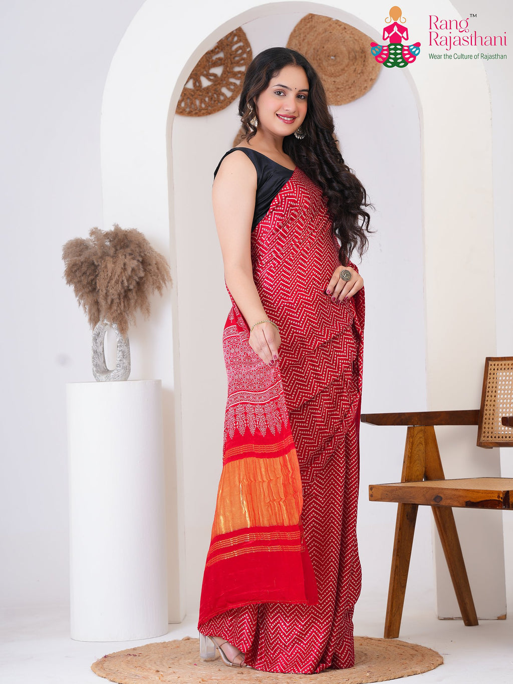 Red PureModalSilk saree with Printed side drape view