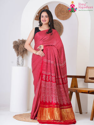 Red Modal Ajrakh Print Saree for Karwa Chauth | Style Edit