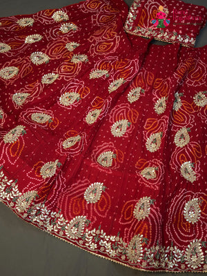Red Pure Ojariya Hand Tie Dye Bandhani Chunri Lehenga Chunni for Wedding Reception | Designer Saree