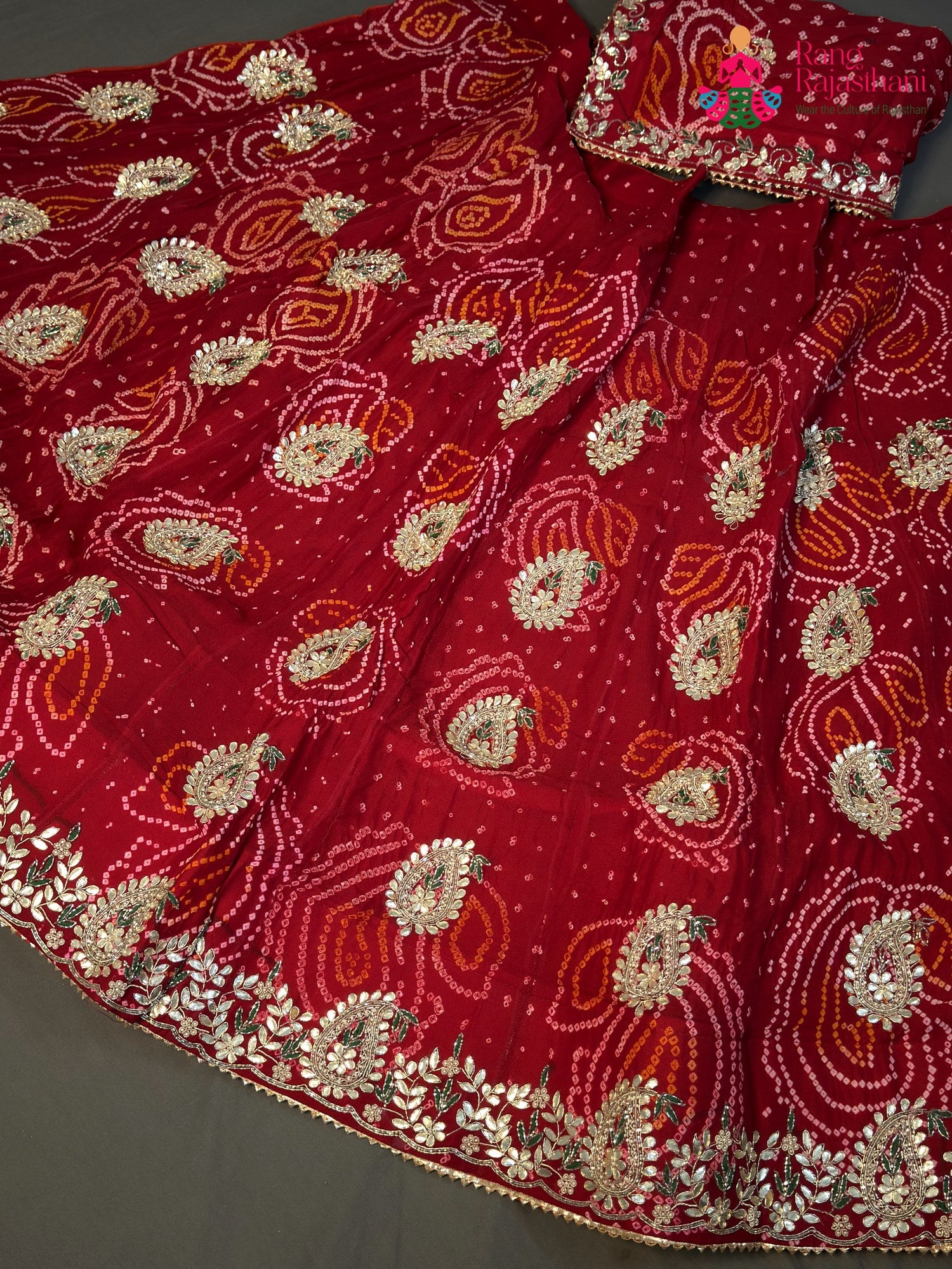 red pure ojariya bandhani lehenga chunni ethnic wear by Rang Rajasthani