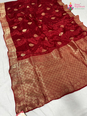 Red Pure Russian Silk Banarasi Zari Weave Saree for Wedding Reception | Authentic Craft