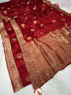 complete look of red pure russian silk banarasi zari weave saree