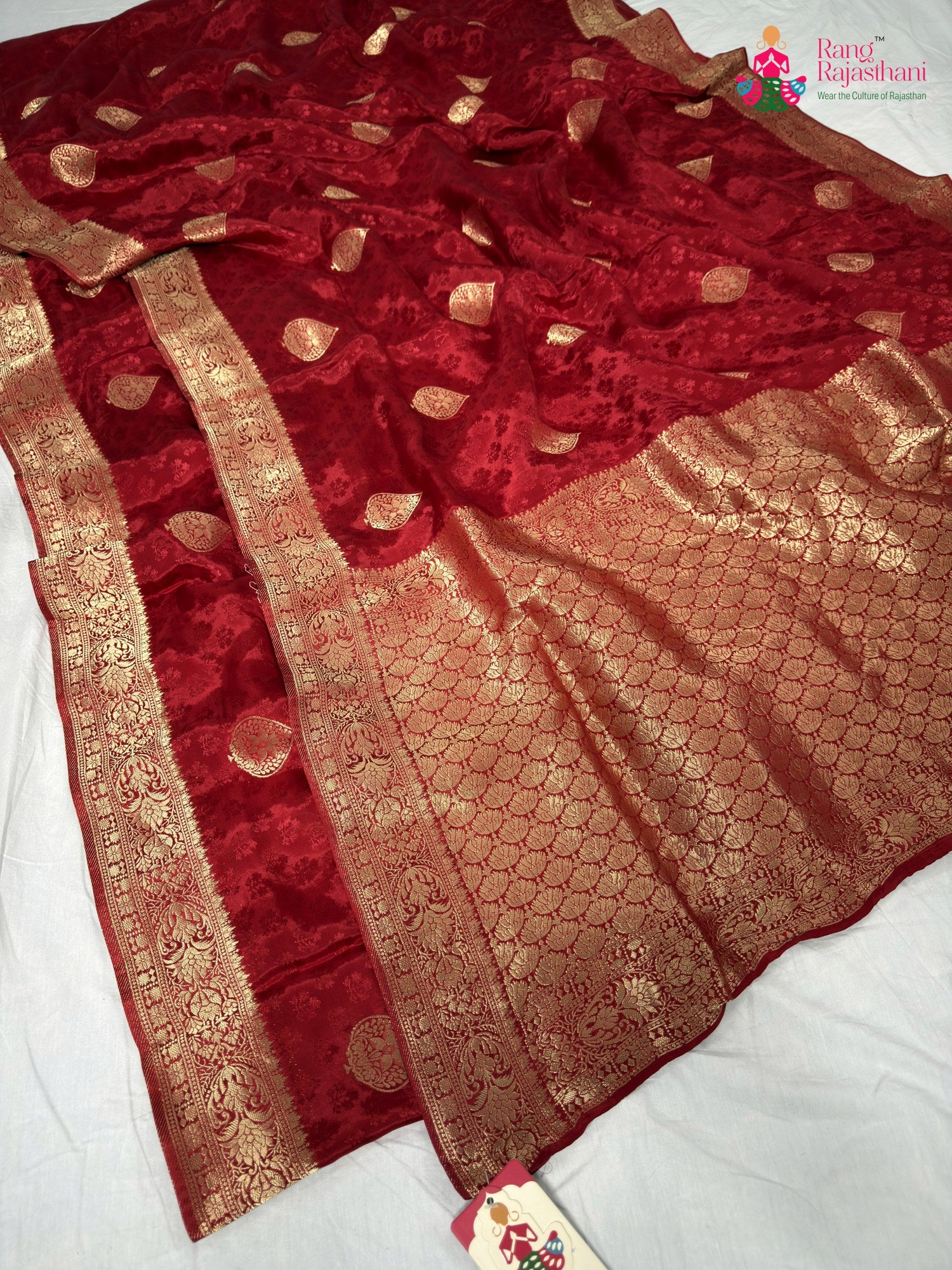 complete look of red pure russian silk banarasi zari weave saree