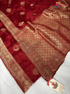 border detailing of red pure russian silk banarasi zari weave saree