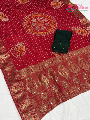 Red Pure Russian Silk Bandhani Print Chunri Saree for Mayra Ceremony | Signature Pick
