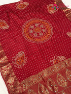 Red Pure Russian Silk Bandhani Chunri Saree for Mayra Ceremony | Handcrafted Pick