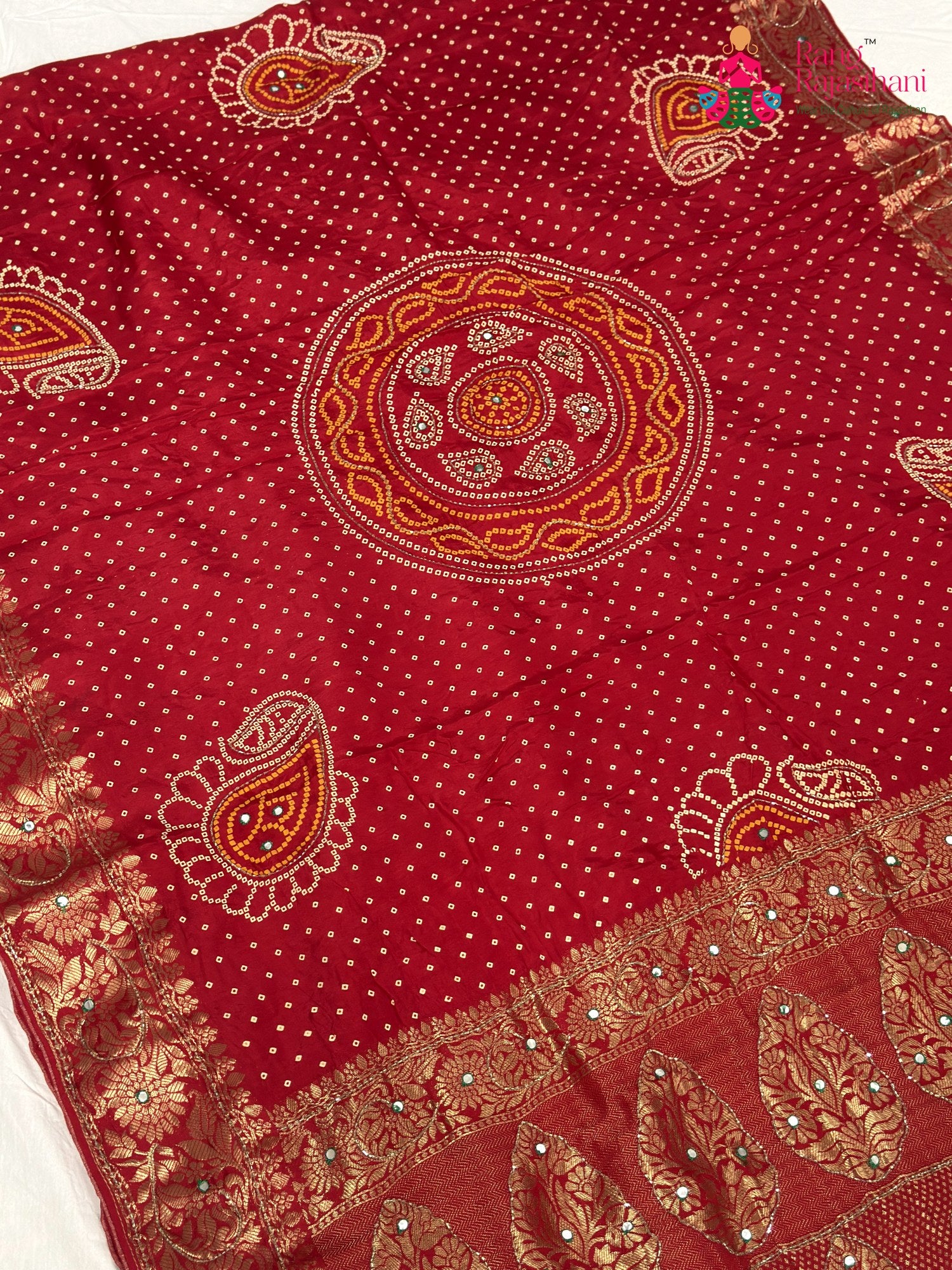 Red Pure Russian Silk Bandhani Chunri Saree for Mayra Ceremony | Handcrafted Pick