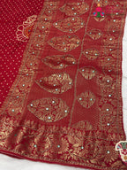Red Pure Russian Silk Bandhani Chunri Saree for Mayra Ceremony | Handcrafted Pick