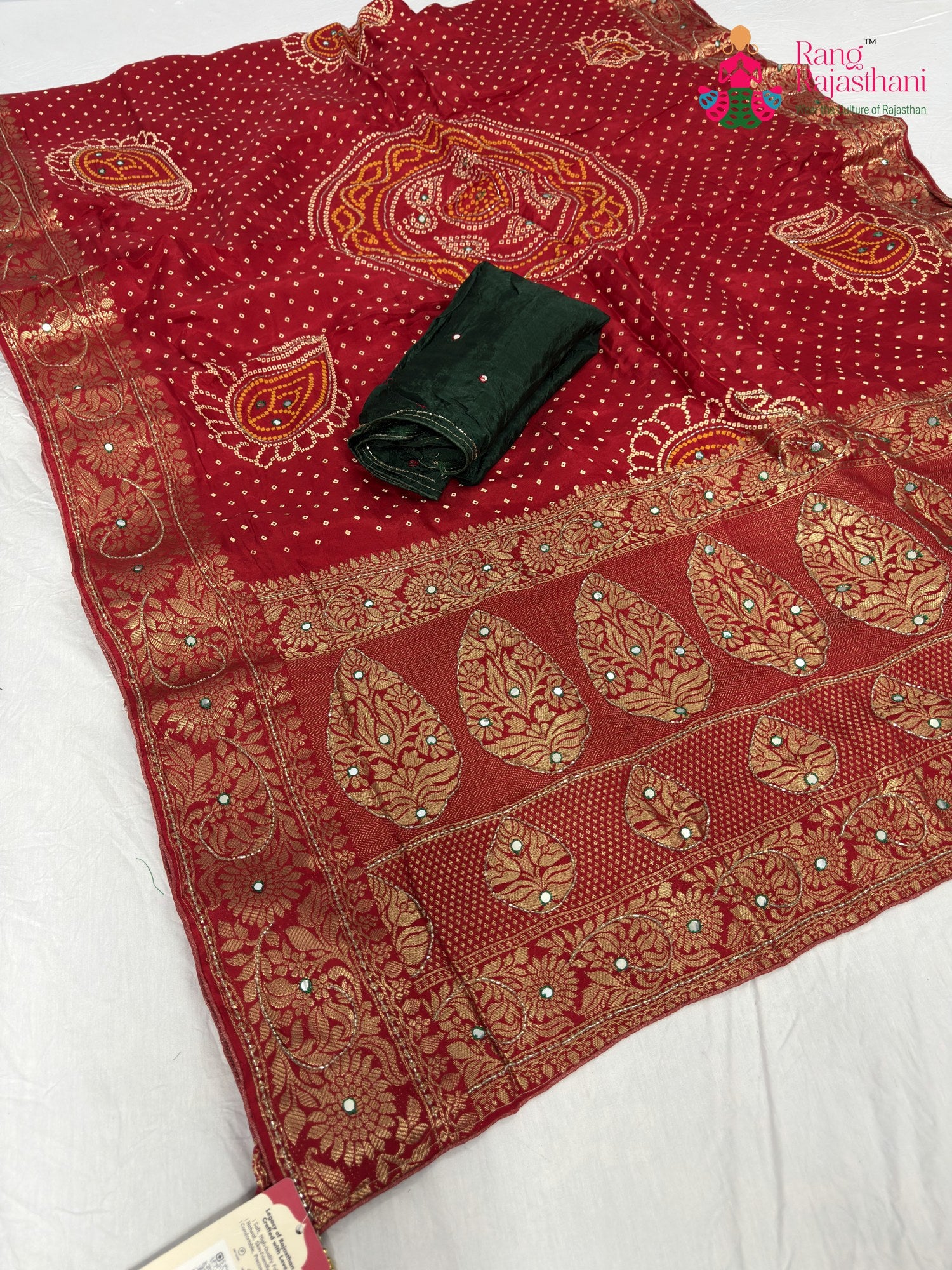 red pure russian silk bandhani saree for mayra ceremony by Rang Rajasthani