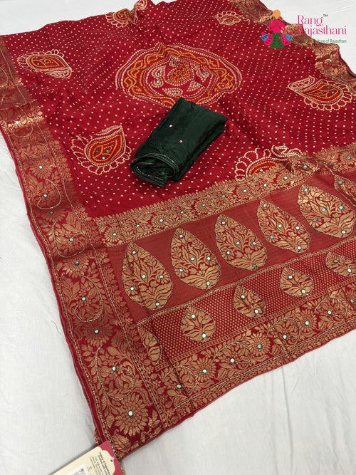 Red Pure Russian Silk Bandhani Saree : Clean Charm main-image