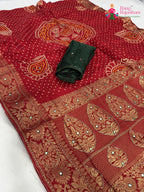 pallu detailing of red pure russian silk bandhani saree