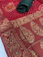 close up detailing of red pure russian silk bandhani saree