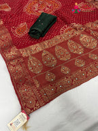 complete look of red pure russian silk bandhani saree