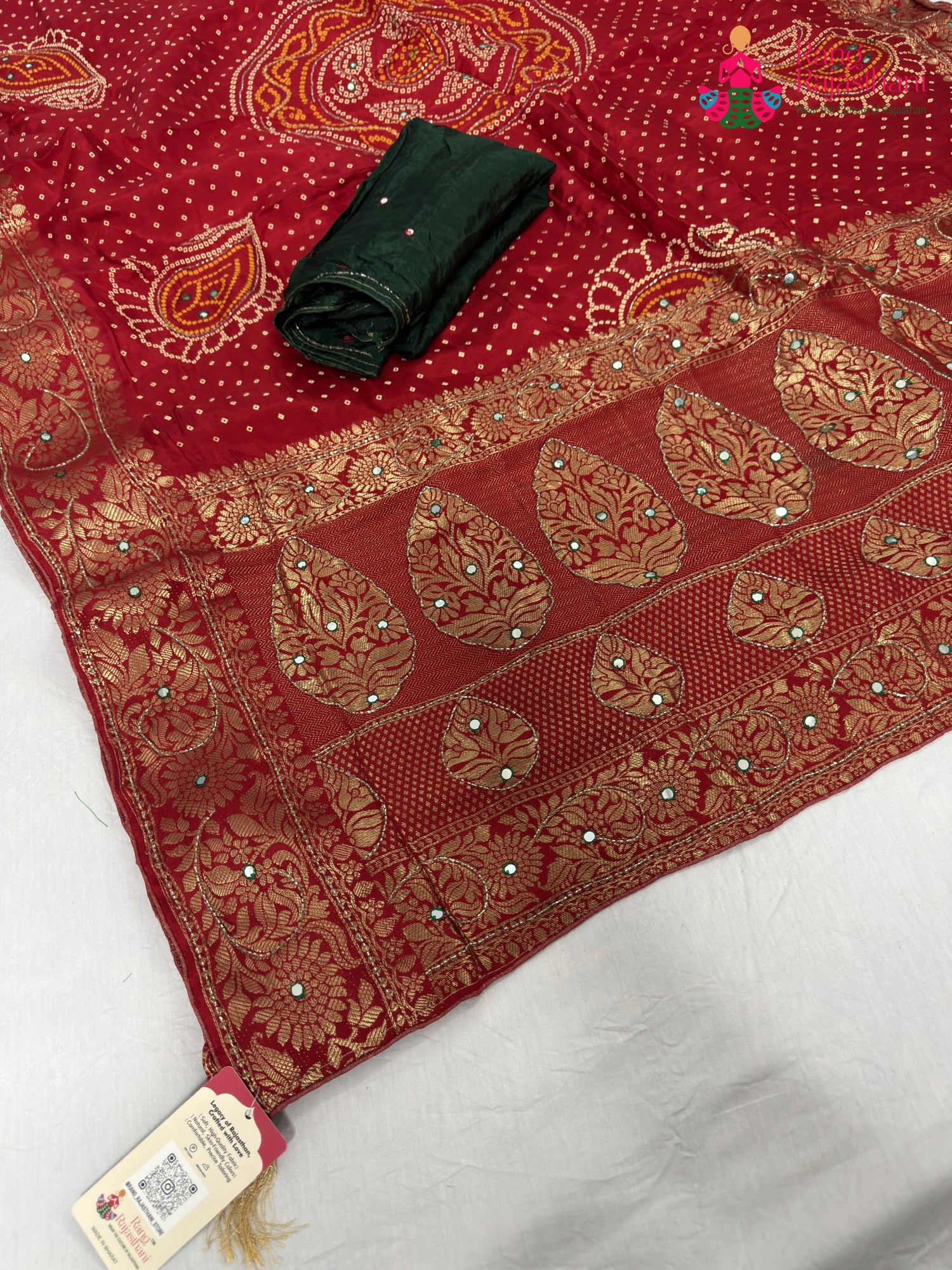 complete look of red pure russian silk bandhani saree