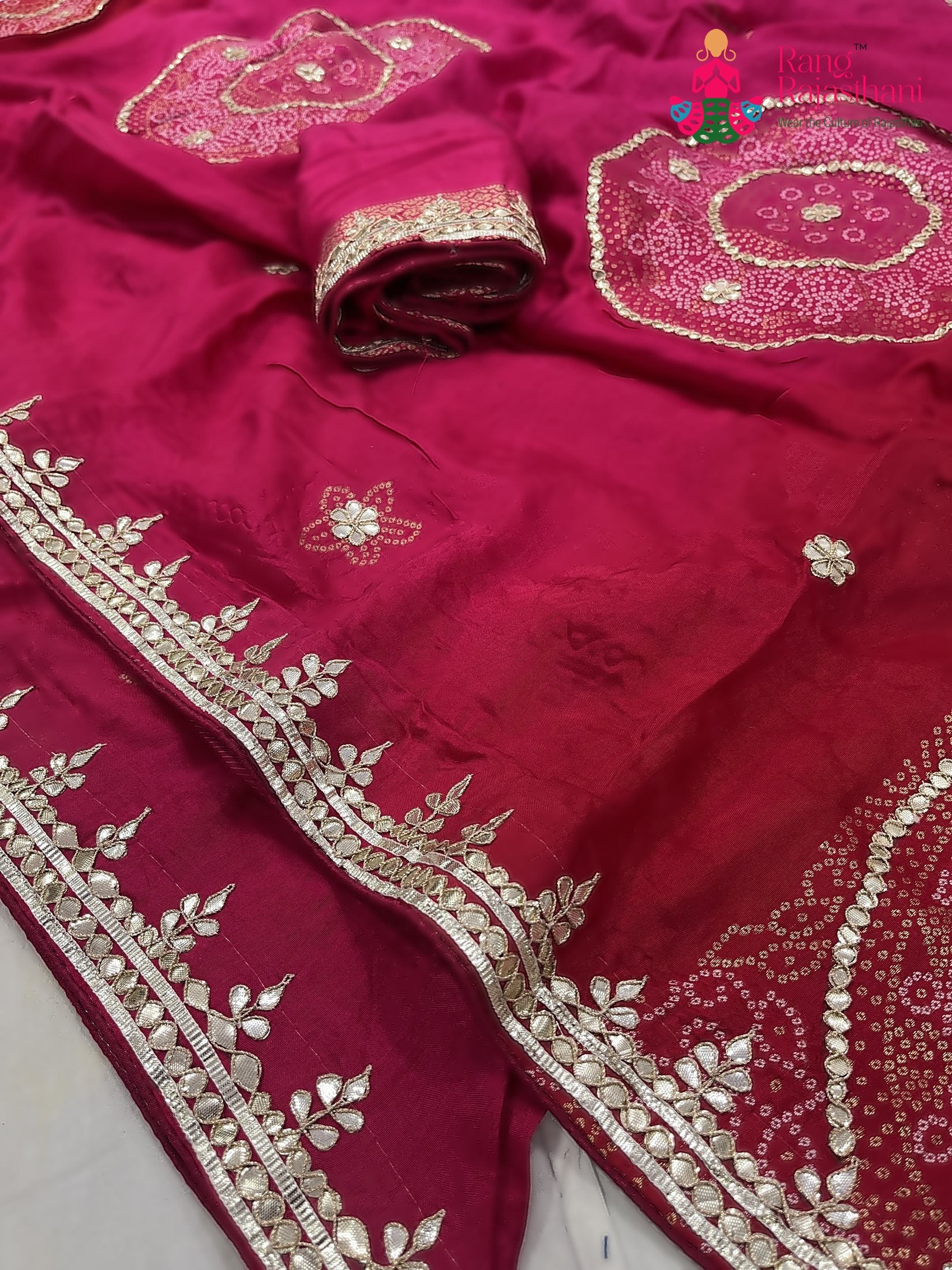 pallu detailing of red pure russian silk gota patti saree 