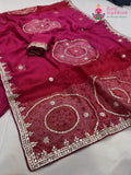 close up detailing of red pure russian silk gota patti saree 