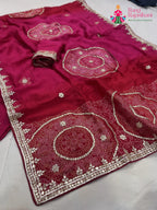 close up detailing of red pure russian silk gota patti saree 