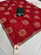 red pure russian silk hand embellishment saree for mayra ceremony by Rang Rajasthani