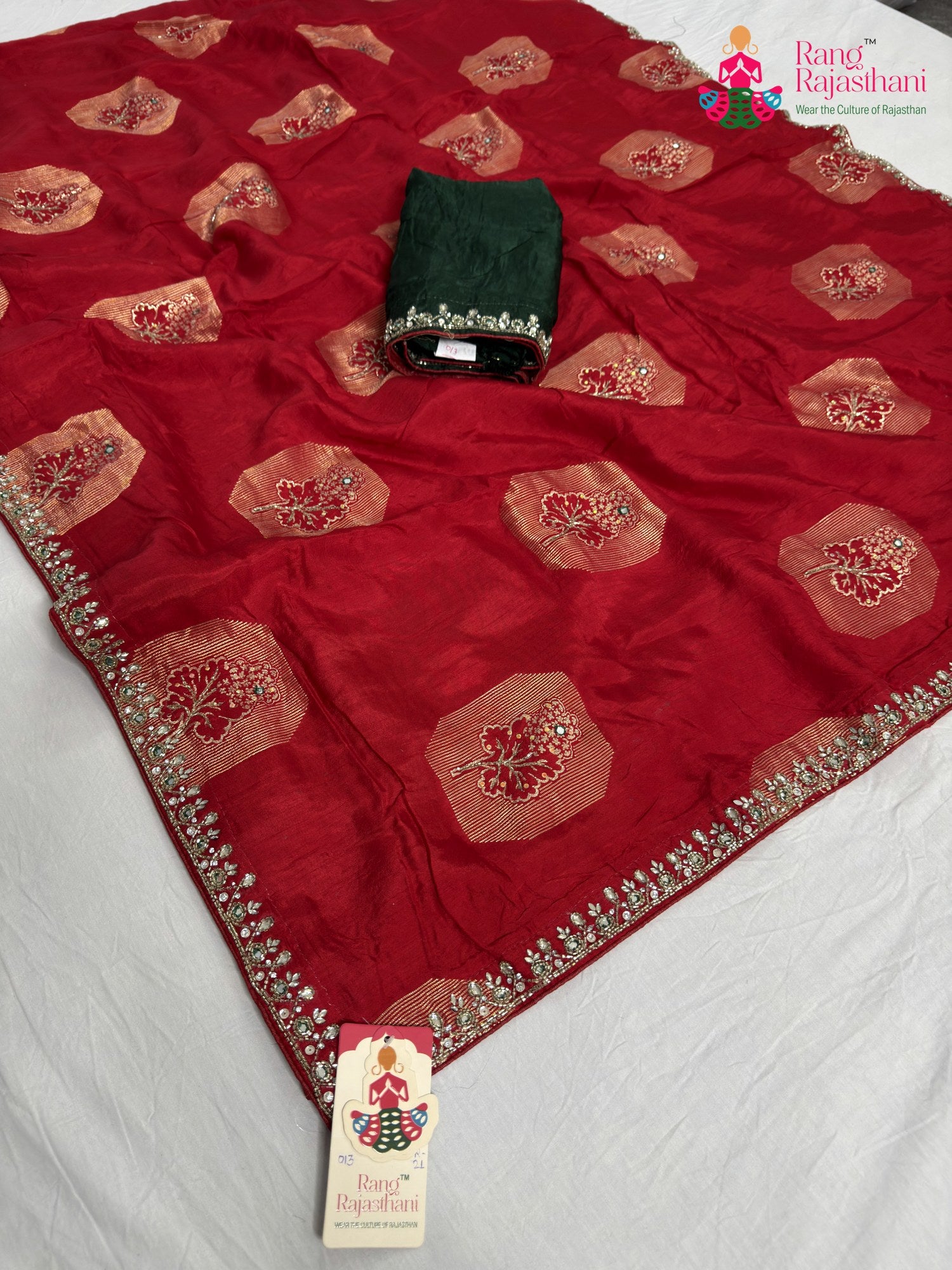 red pure russian silk hand embellishment saree for mayra ceremony by Rang Rajasthani