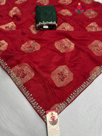pallu detailing of red pure russian silk hand embellishment saree
