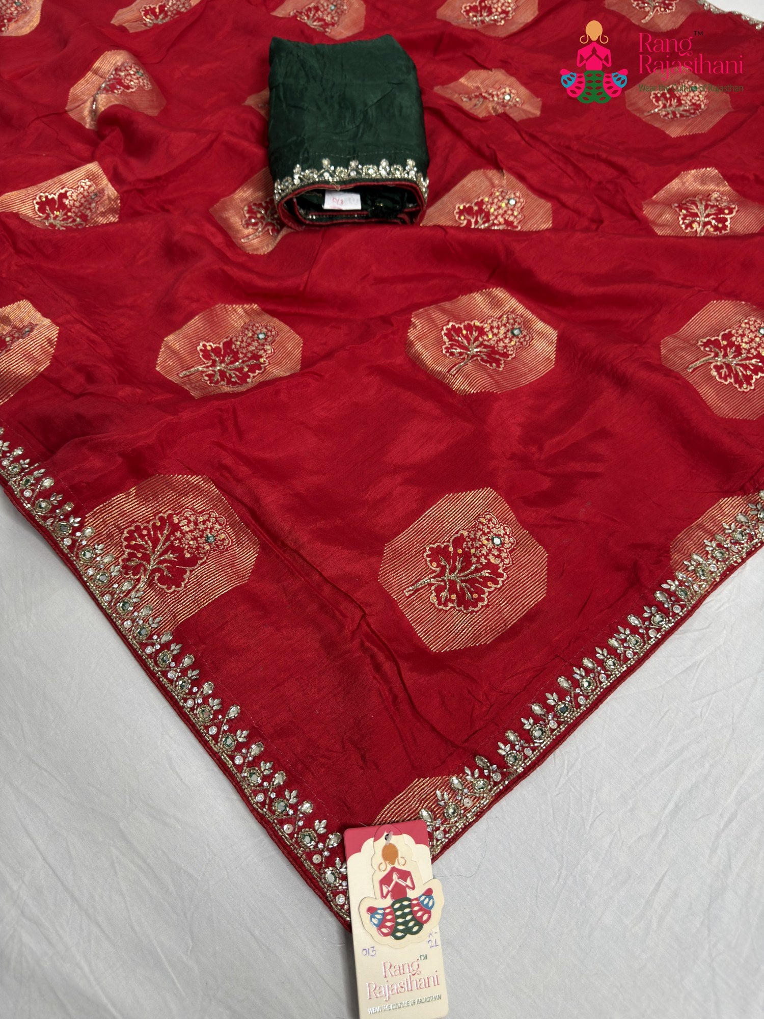pallu detailing of red pure russian silk hand embellishment saree